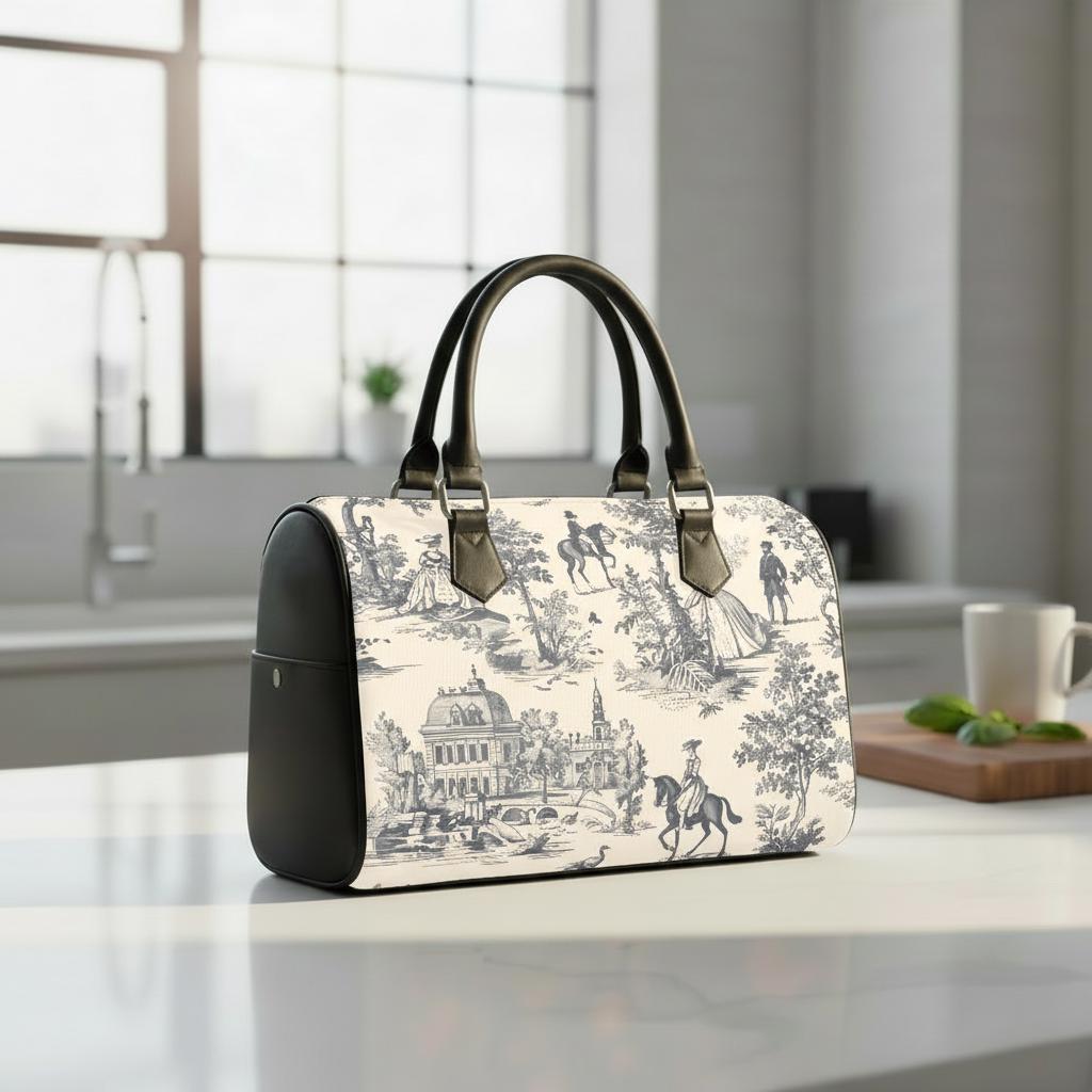 Toile de Jouy Black White Barrel Handbag – French Vintage Everyday Purse