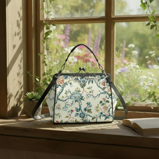 Toile de Jouy Kisslock Crossbody Bag – French Vintage Floral Cottagecore Handbag