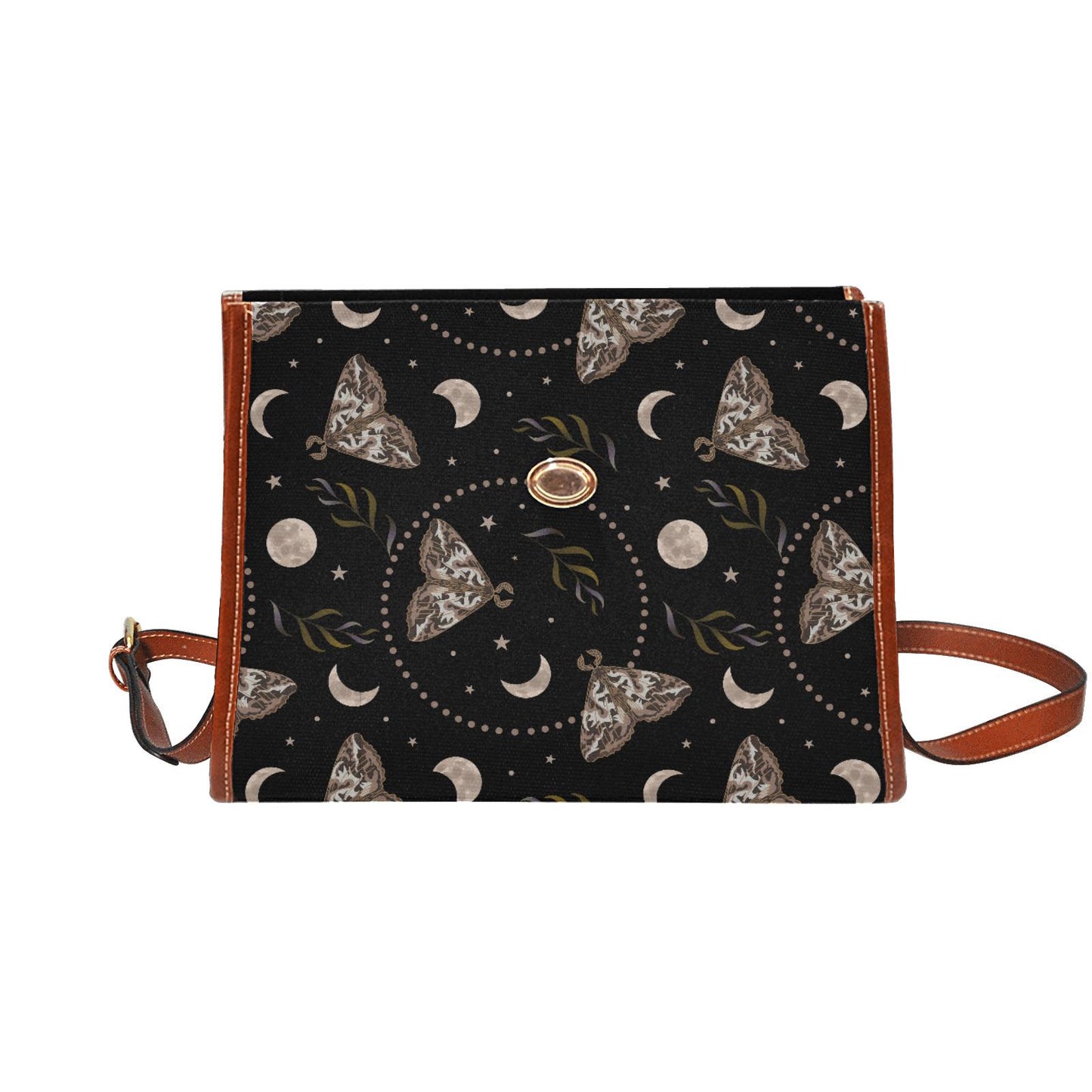 Dark Academia Moths & Moon Stars Canvas Crossbody Bag – Gothic Vintage Handbag