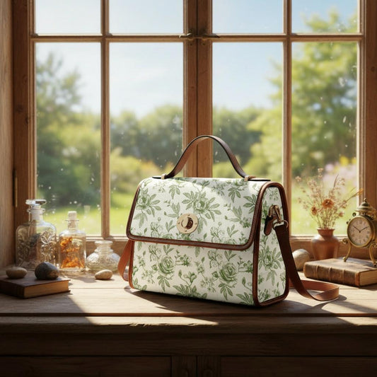 Toile de Jouy Canvas Crossbody Bag – Vintage Eggshell Green Floral Handbag