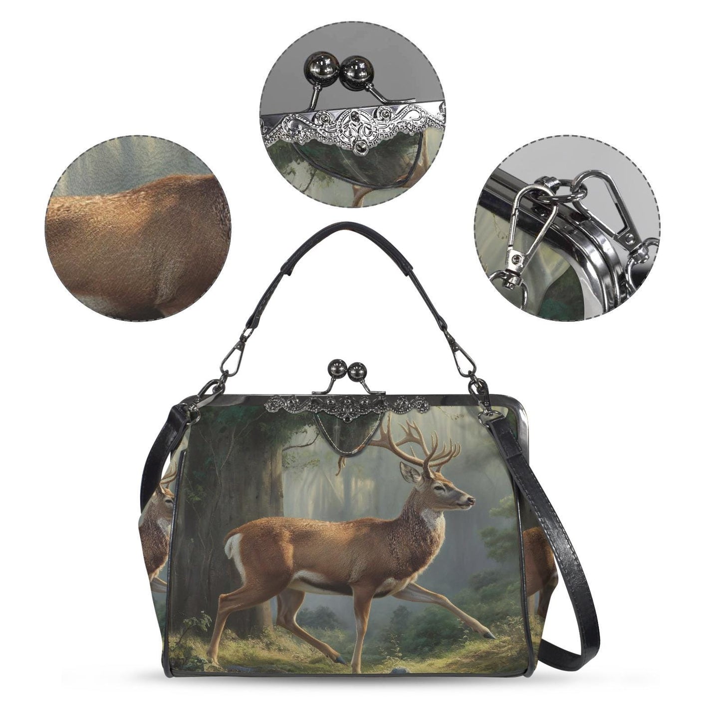 Majestic Deer Forest Dark Academia Handbag - Fairycore Kisslock Crossbody Shoulder Bag
