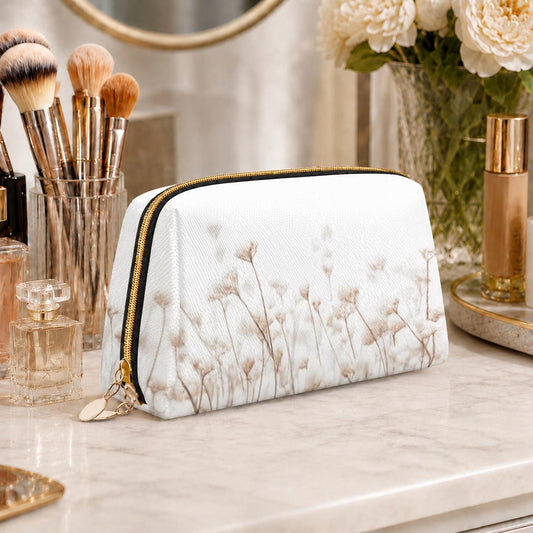 Delicate Flowers White Gold Makeup Bag – Floral Faux-Leather Travel Cosmetics Case