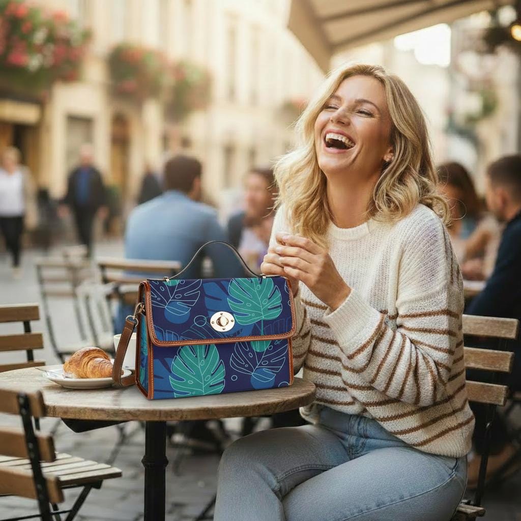 Retro Monstera Botanical Canvas Crossbody Bag – Blue Brown Vintage Style