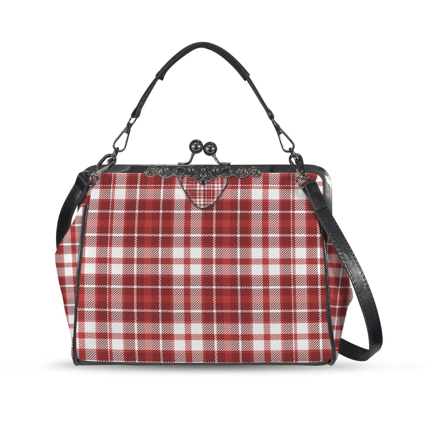 Red White Retro Checkered Kisslock Crossbody Shoulder Bag - 60s Mod Vintage Handbag