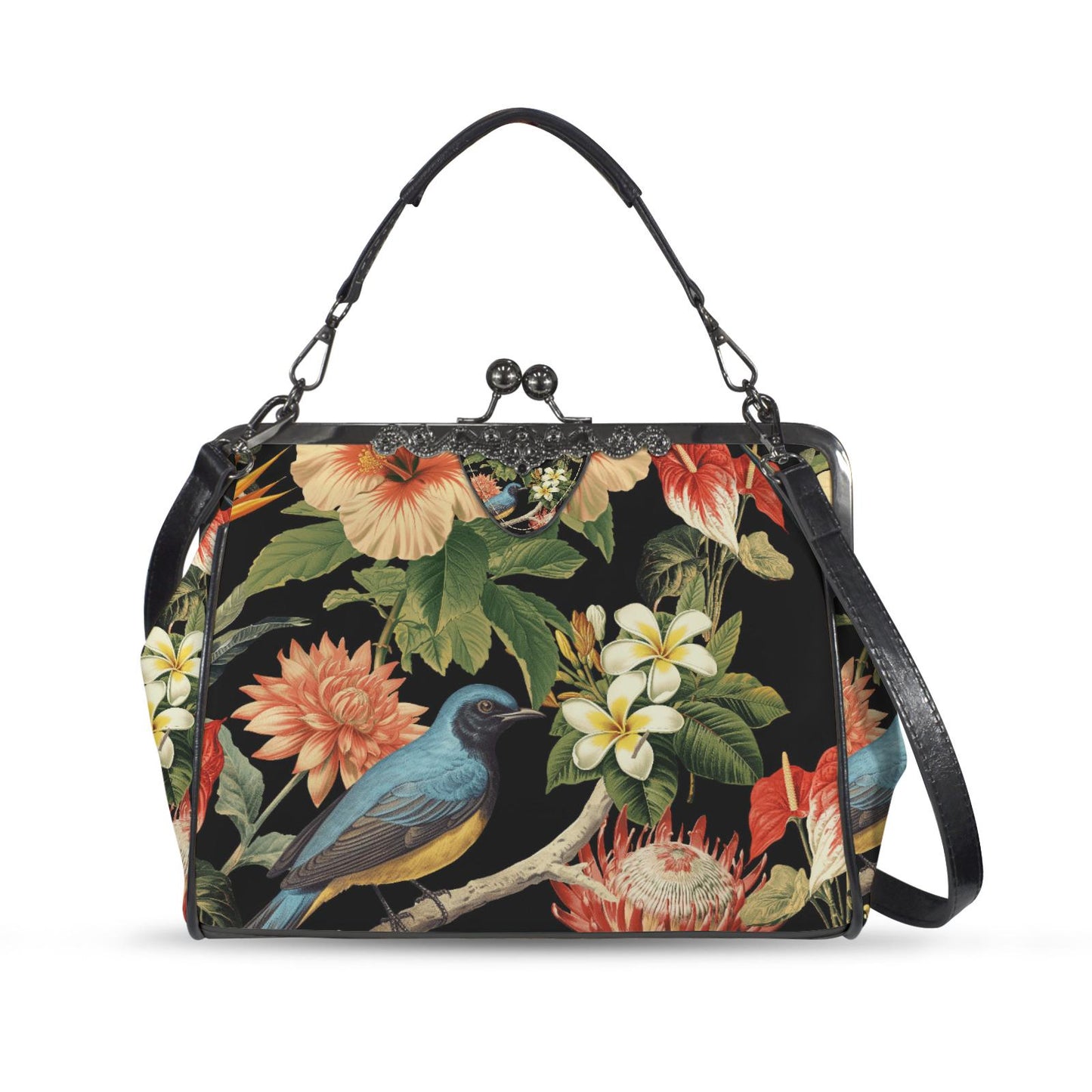 Bold Exotic Flowers & Bird Kisslock Crossbody Shoulder Bag - Dark Academia Handbag
