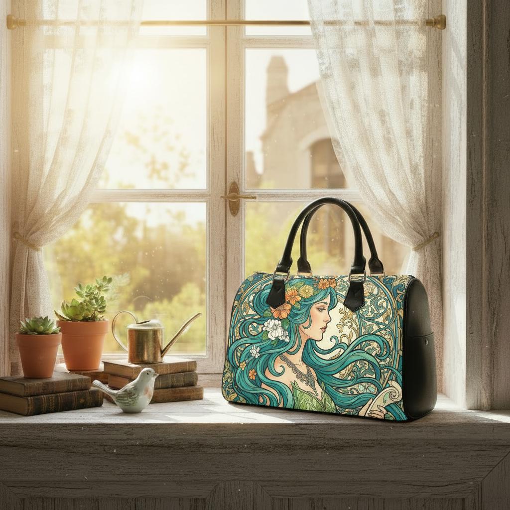 Art Nouveau Barrel Type Handbag – Green Black Romantic Bag