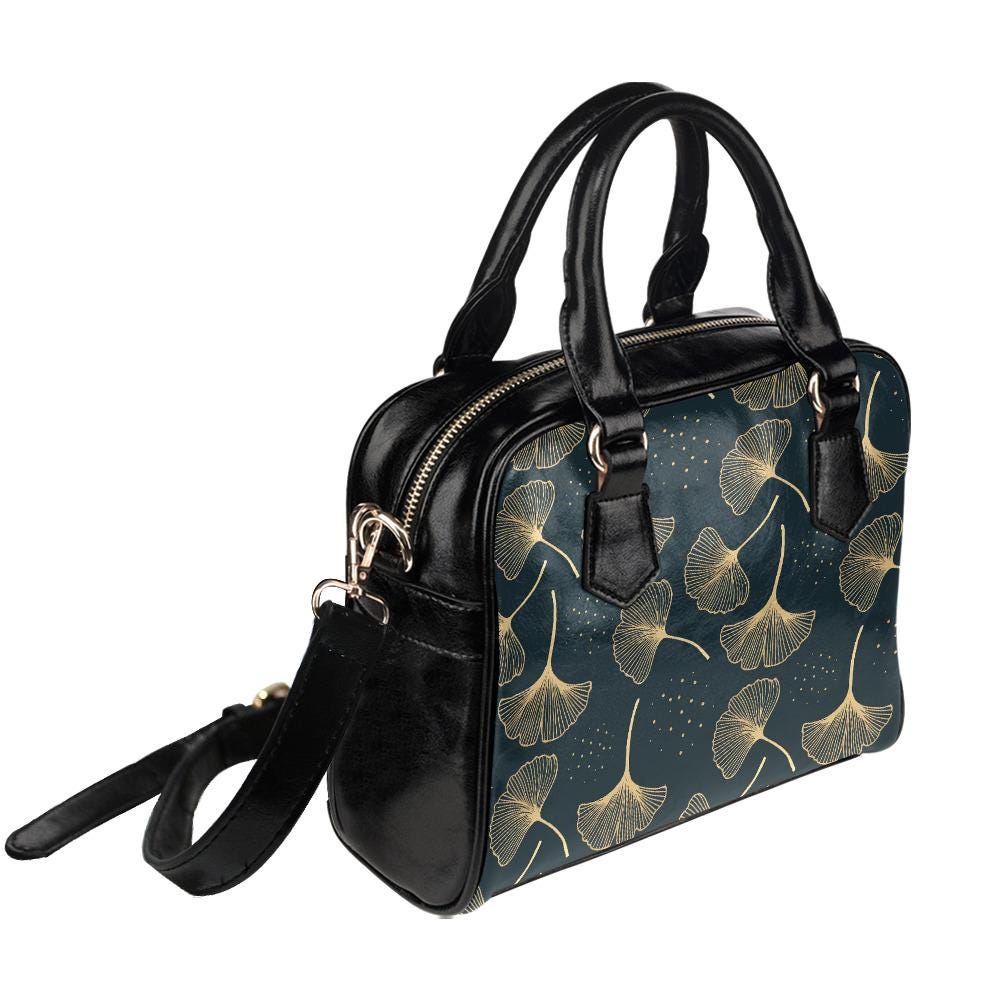 Black Gold Ginkgo Leaves Shoulder Handbag – Botanical Vegan PU Leather Handbag