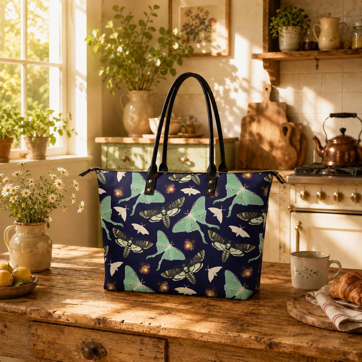 Dark Academia Moths Roomy Tote Bag - Black Green Large Shoulder Handbag Shopper