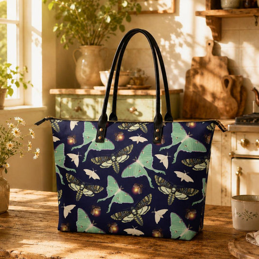 Roomy Dark Academia Moths Tote Bag - Blue Green Large Shoulder Handbag