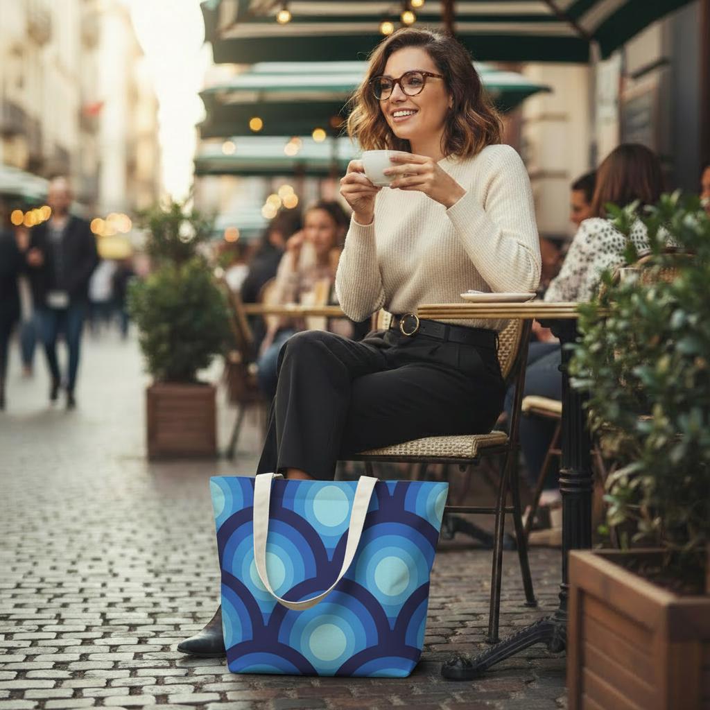 Blue Retro 70s Yoga Mat Tote with Mat Holder – Cotton Linen Gym & Pilates Bag