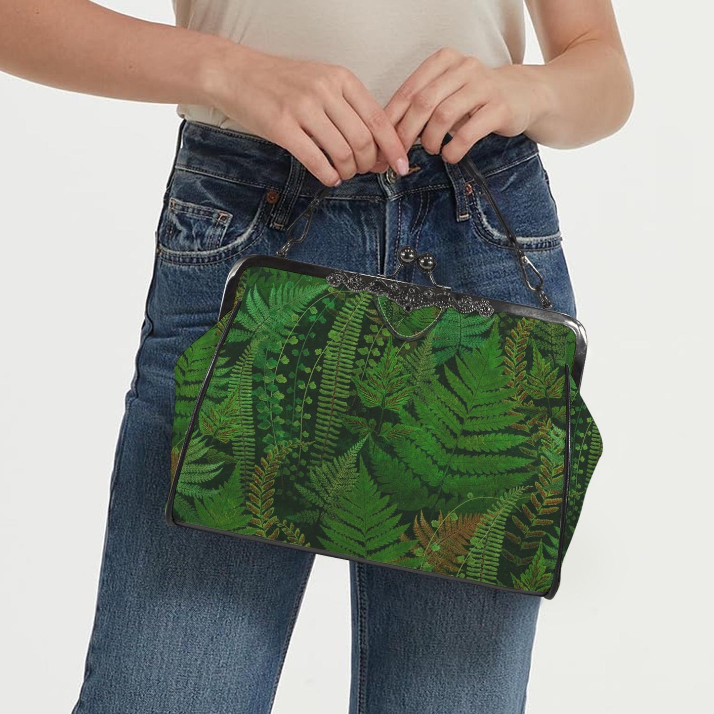 Dark Academia Green Fern Kisslock Crossbody Handbag - Vintage Forest Bag