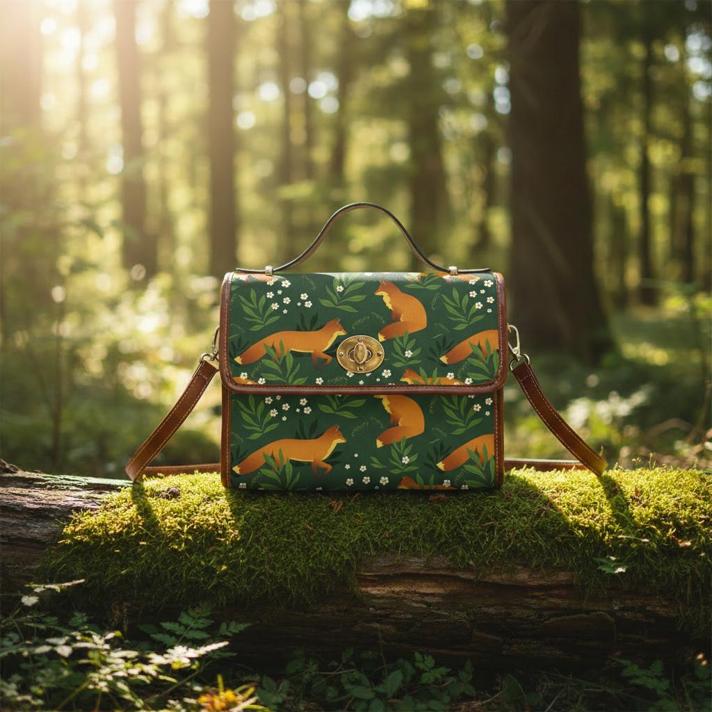 Retro Fox Forest Canvas Crossbody Bag – Green Orange Vintage Style Handbag