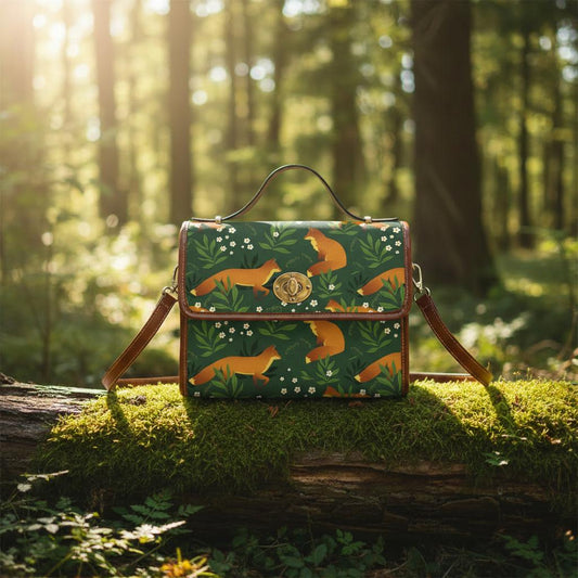 Retro Fox Forest Canvas Crossbody Bag – Green Orange Vintage Style Handbag