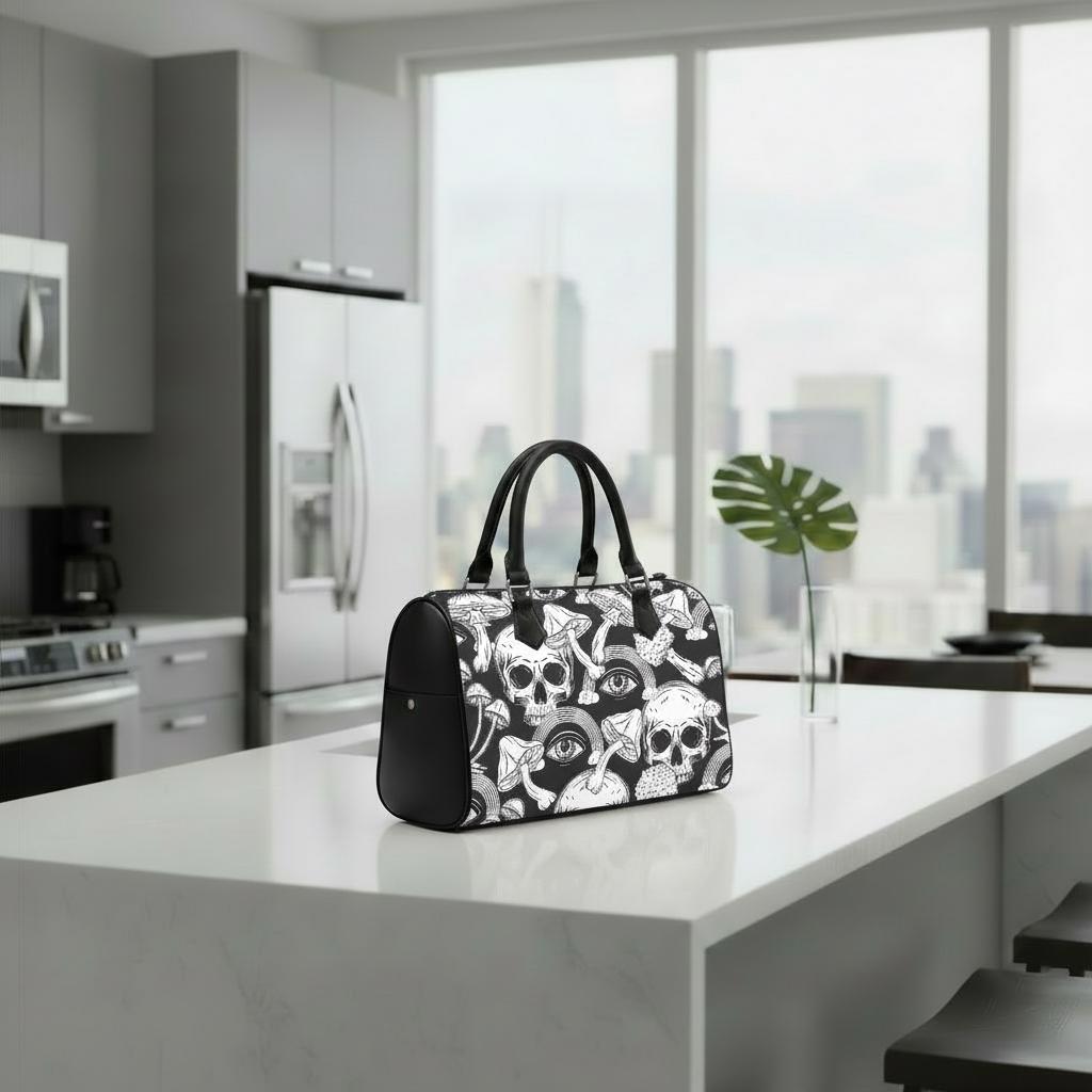 Whimsy Black White Skulls Barrel Handbag – Gothic Alternative Everyday Purse