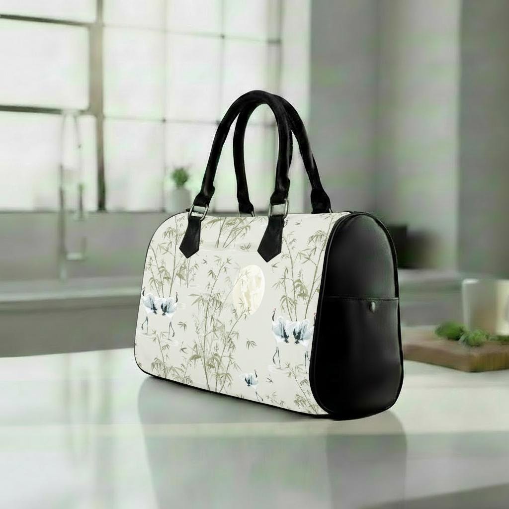 Crane Moon Bamboo Barrel Handbag – Asian Zen Art Japandi Purse