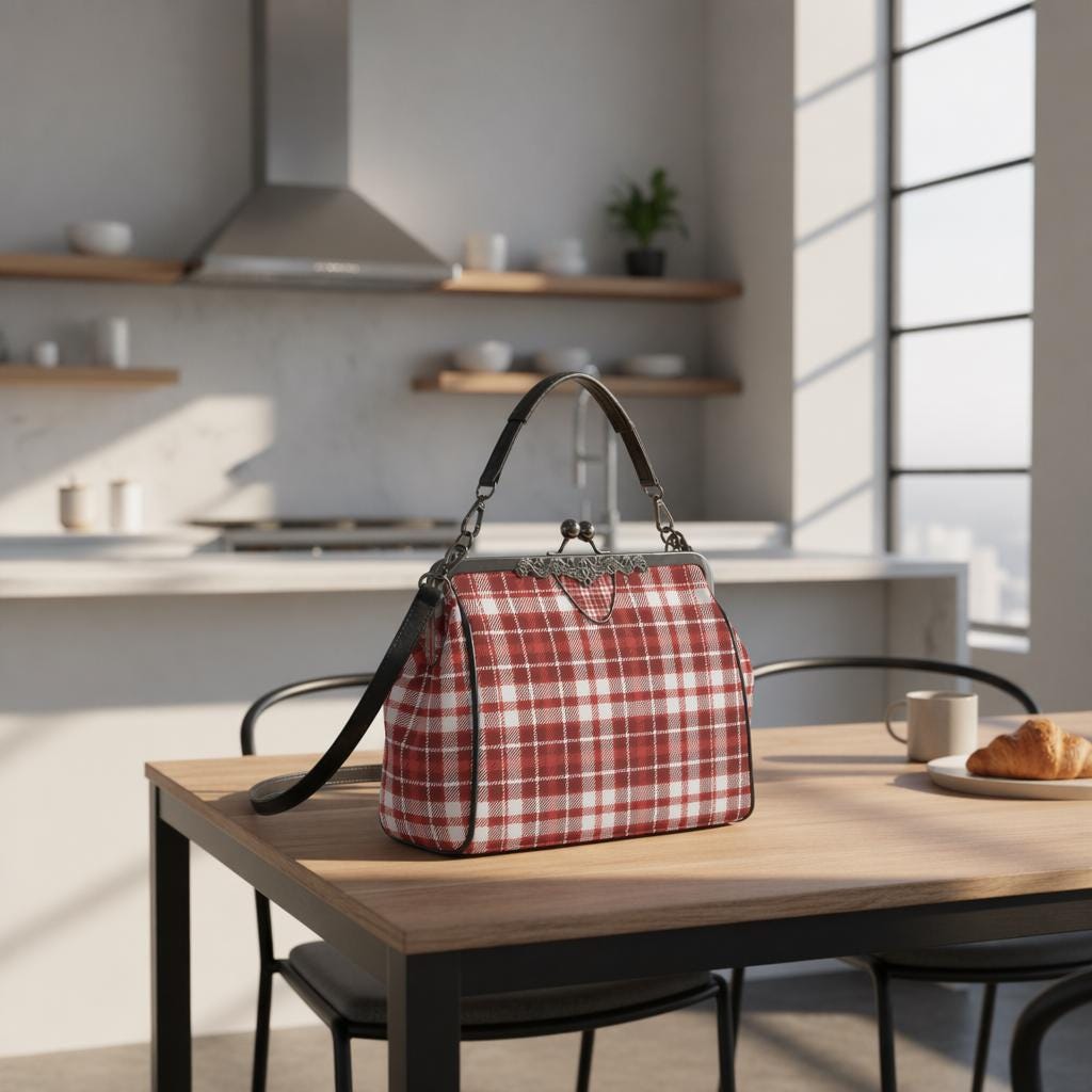 Red White Retro Checkered Kisslock Crossbody Shoulder Bag - 60s Mod Vintage Handbag