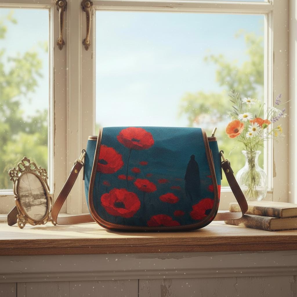 Poppy Field at Night Dark Academia Saddle Bag - Moody Gothic Crossbody Handbag