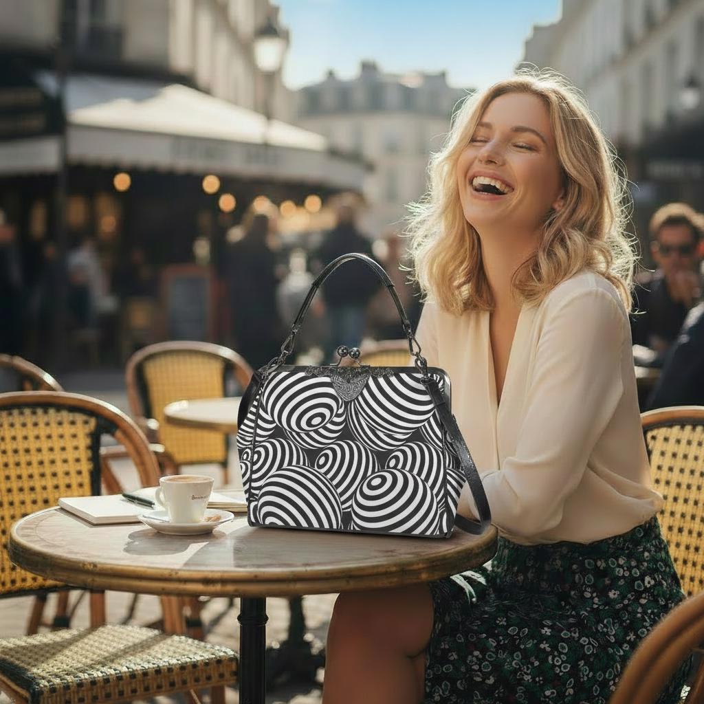Black White Op-Art Kisslock Crossbody Bag – Vintage 80s Monochrome Handbag