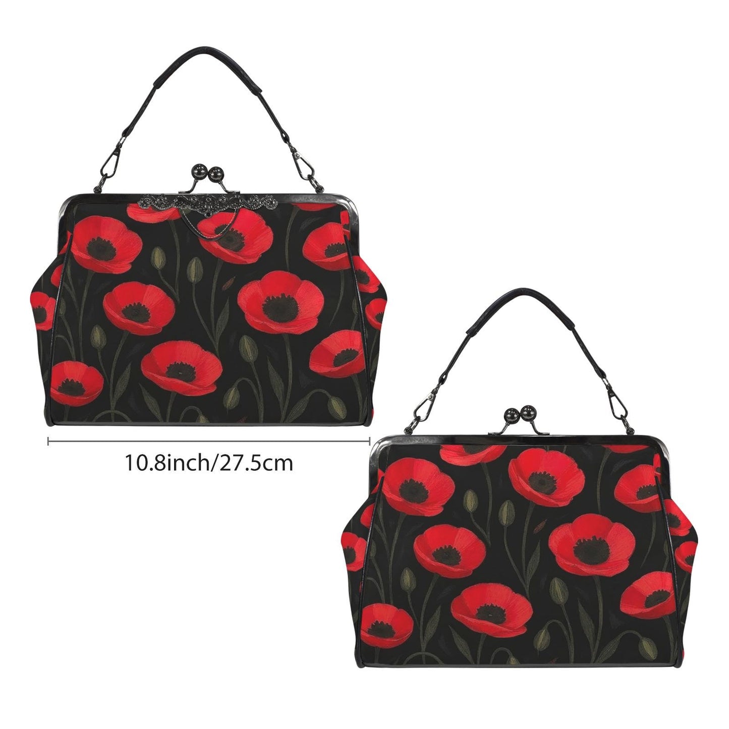 Black Red Poppies Dark Academia Kisslock Handbag – Vintage Gothic Crossbody Bag