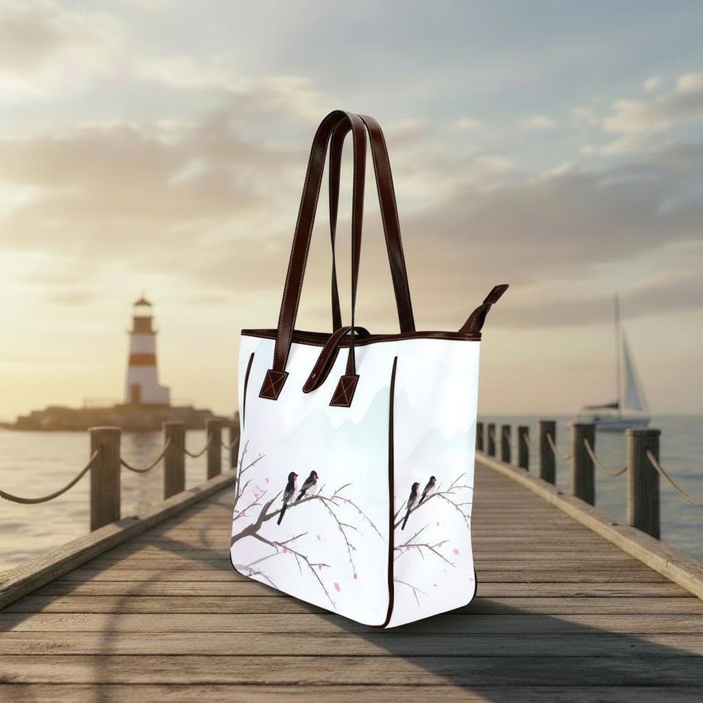 Sakura Watercolor Birds Tote Bag – Large Asian Art Style Handbag