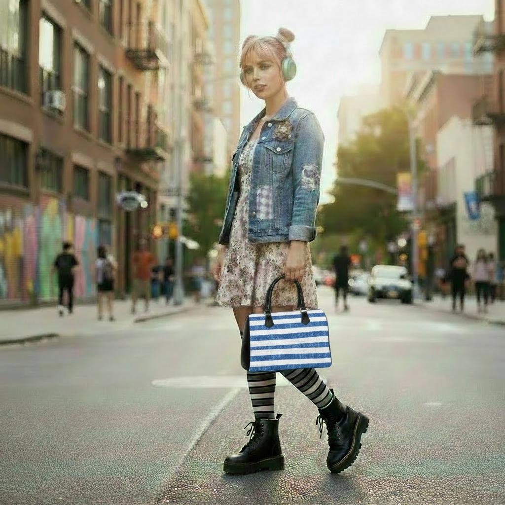 Sac à main en toile à rayures bleues et blanches – Sac à main végétalien en similicuir d'inspiration nautique