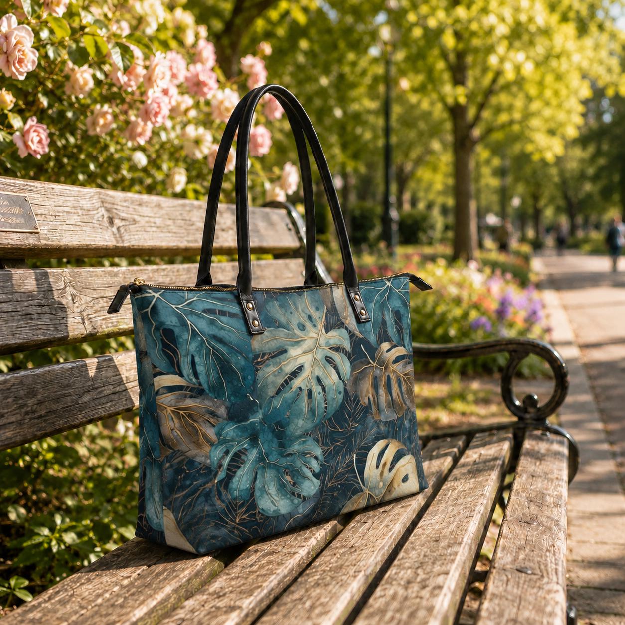 Roomy Tote Bag with Retro Monstera Leaves - Large Shoulder Handbag Shopper