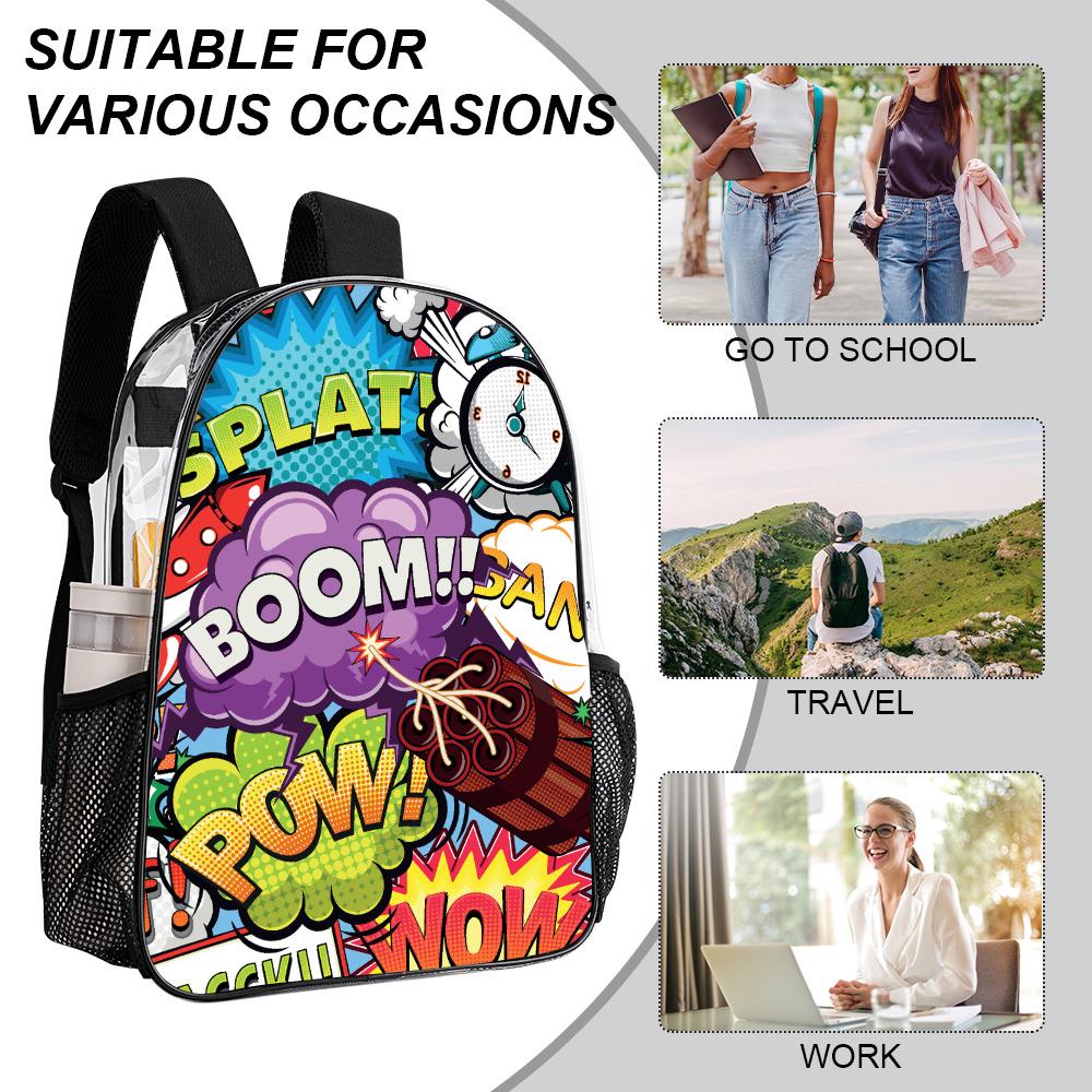 Comic Style School Travel Business Daypack - Clear PVC Backpack with Side Pockets