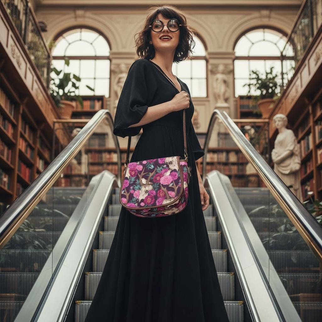 Bolso de montar con rosas y calavera de estilo dark academia – bandolera vintage