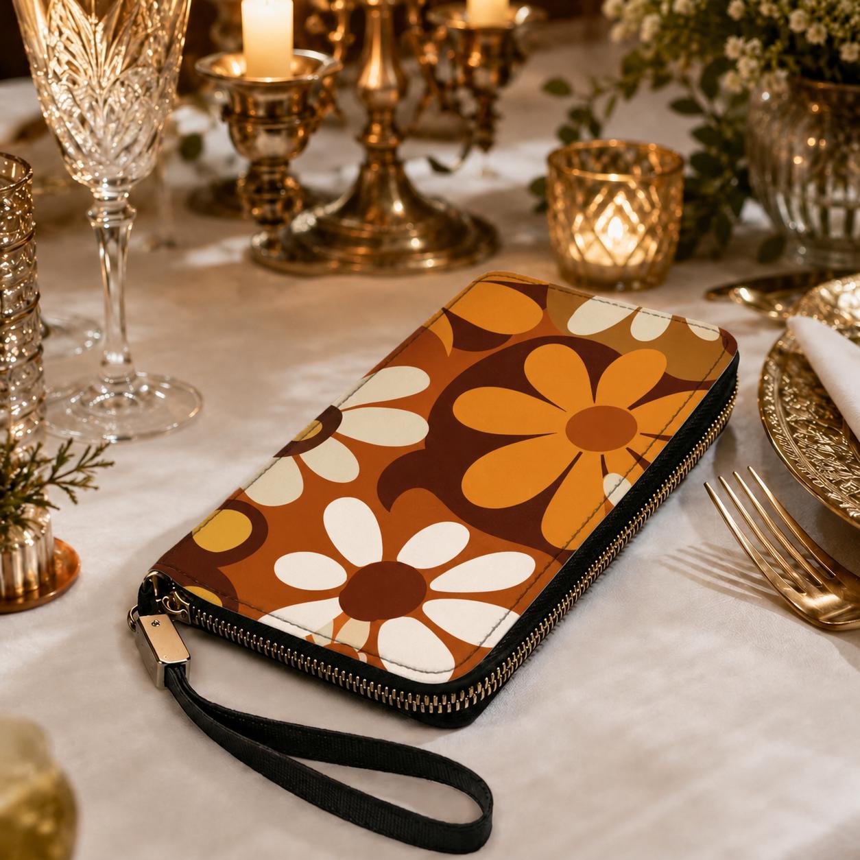 Retro 70s Flowers Clutch Wallet – Brown Orange Bold Floral Women’s Purse