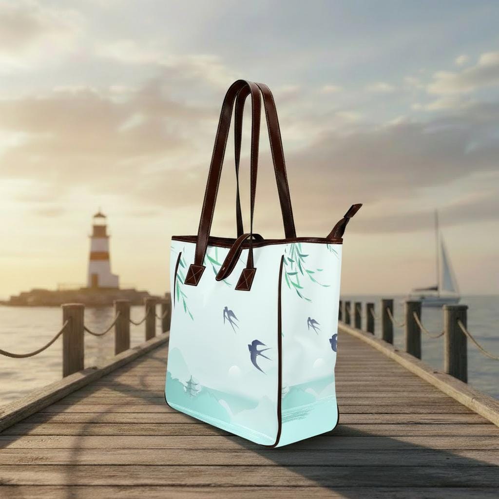 Blue Delicate Watercolor Swallow Tote Bag – Large Asian Style Handbag