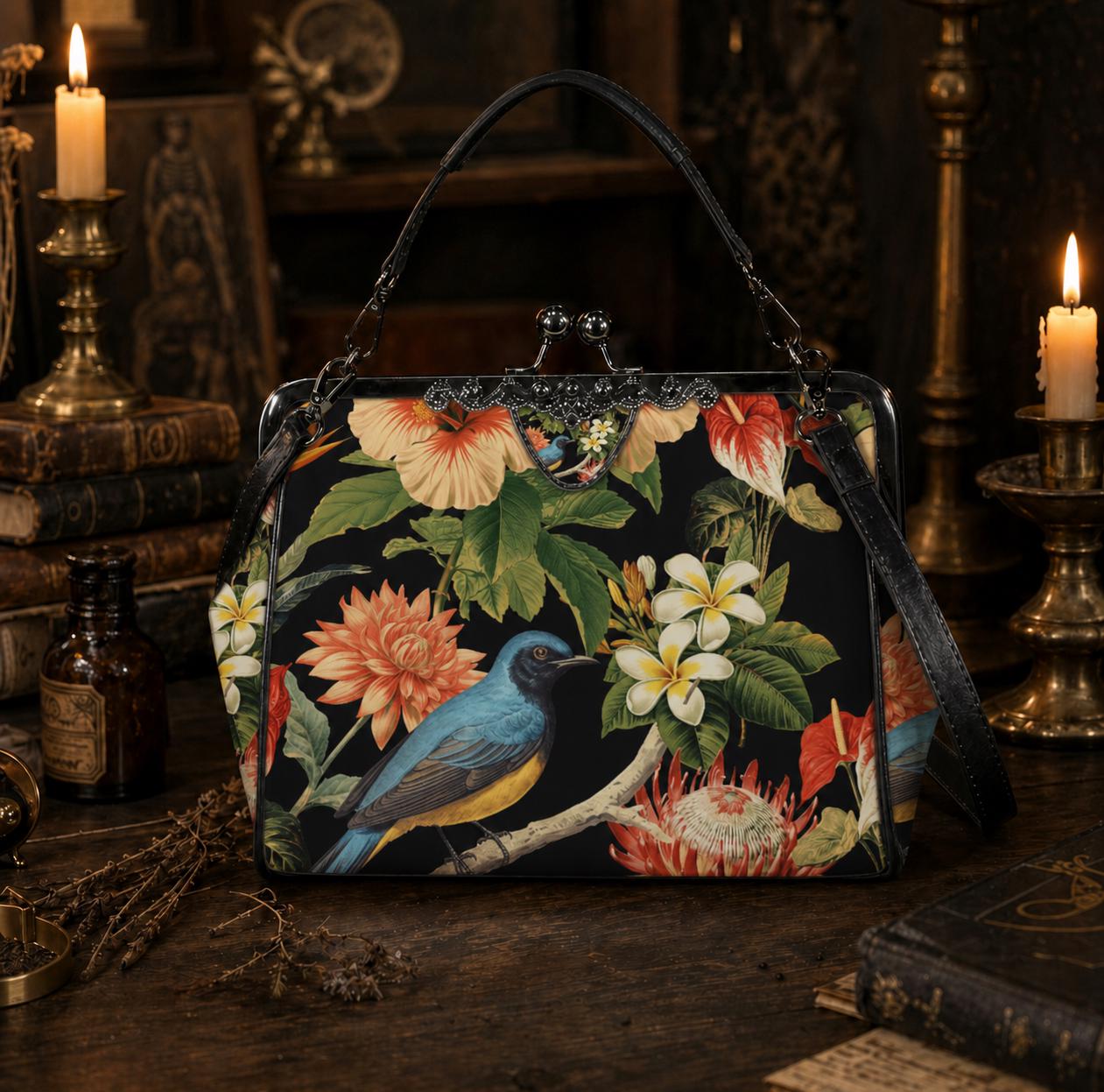Bold Exotic Flowers & Bird Kisslock Crossbody Shoulder Bag - Dark Academia Handbag