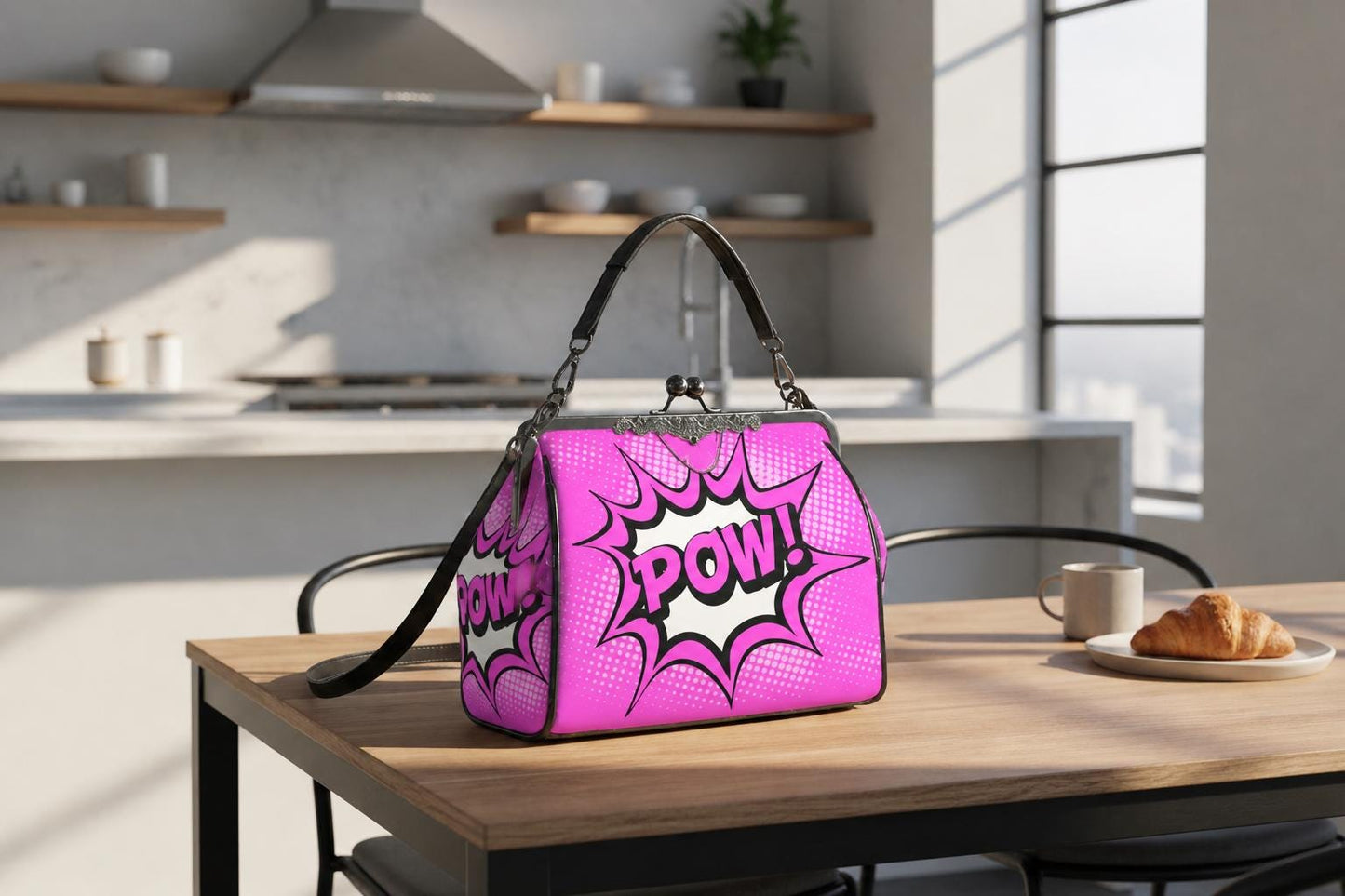 Pop Art Y2k Comic Vegan Kisslock Bag – Pink Bold Graphic Crossbody Handbag