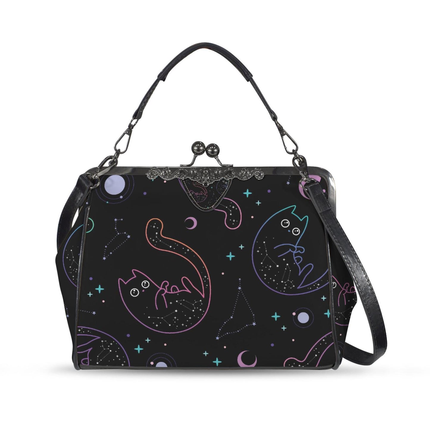 Dark Academia Space Cat Vintage Kisslock Bag - Victorian Gothic Crossbody