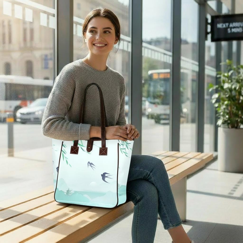 Blue Delicate Watercolor Swallow Tote Bag – Large Asian Style Handbag