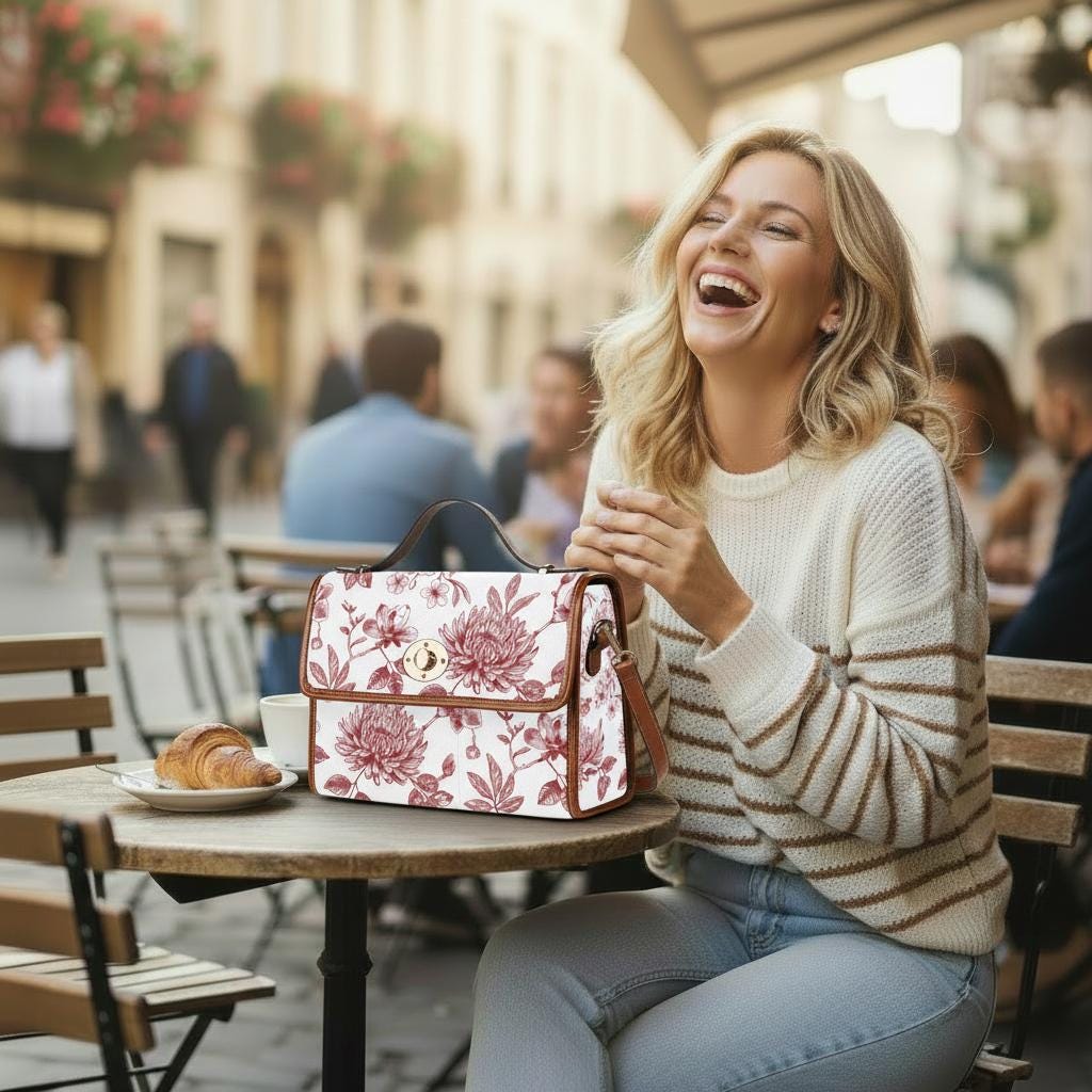 Toile de Jouy Canvas Crossbody Handbag – Vintage White Red Floral Top Handle Bag