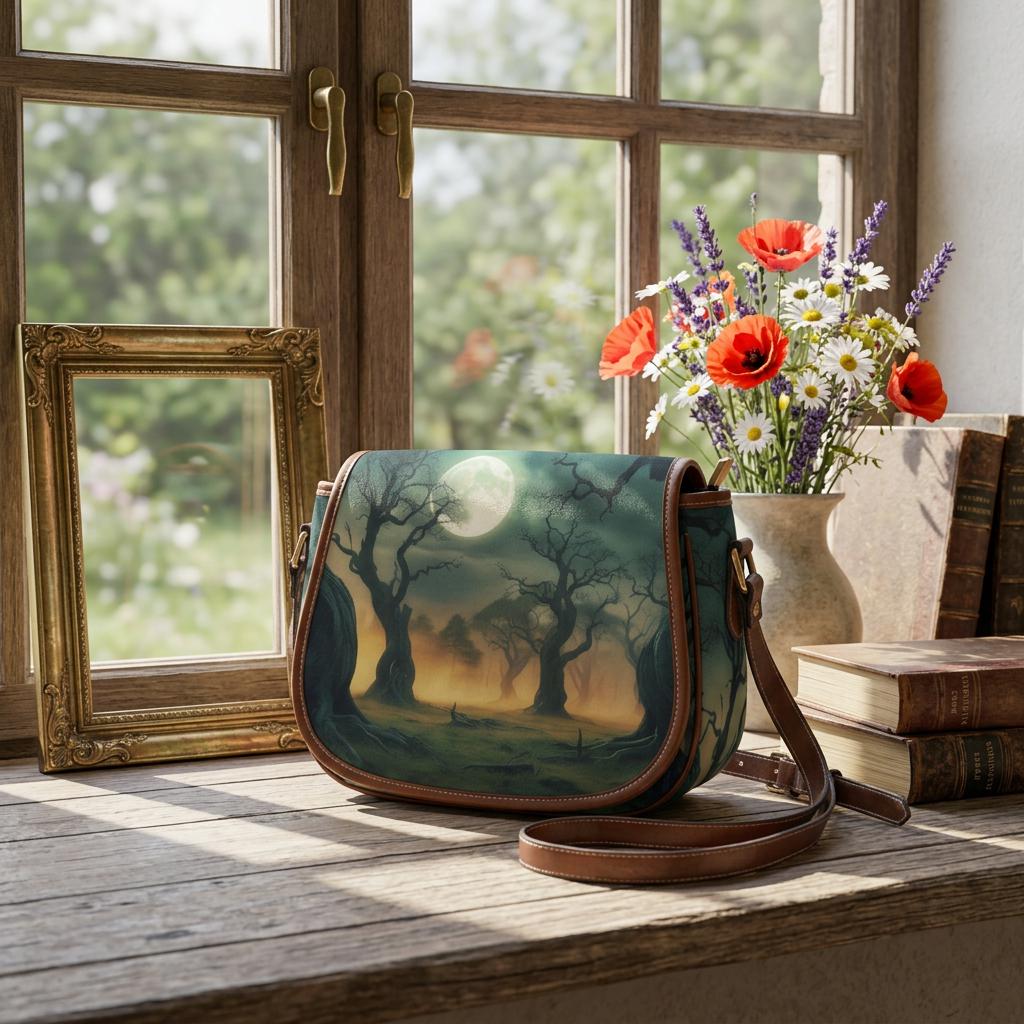 Foggy Trees at Night Dark Academia Saddle Bag - Moody Gothic Crossbody Handbag