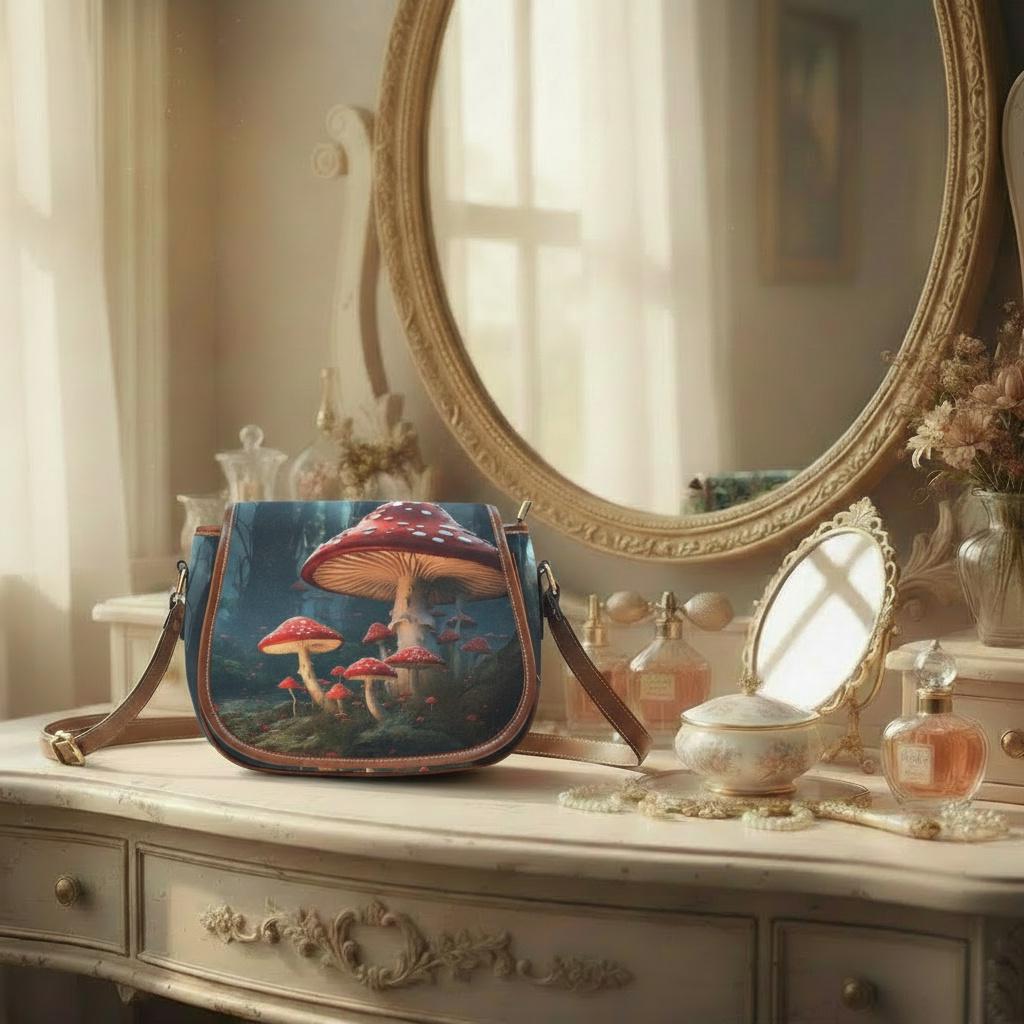 Mushroom Dark Academia Saddle Bag - Toadstool Forest Crossbody Handbag