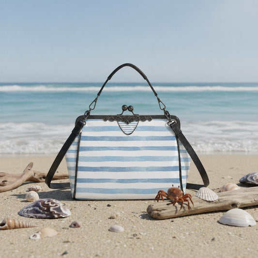 Blue White Striped Kisslock Crossbody Shoulder Bag - Vintage Nautical Summer Handbag