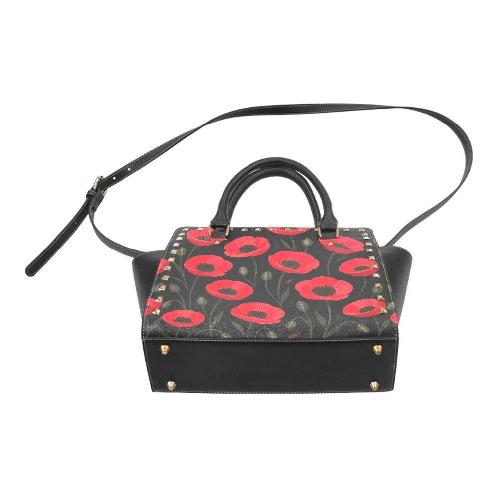 Black Red Poppy Floral Studded Shoulder Bag – Vintage Garden Rivet Handbag