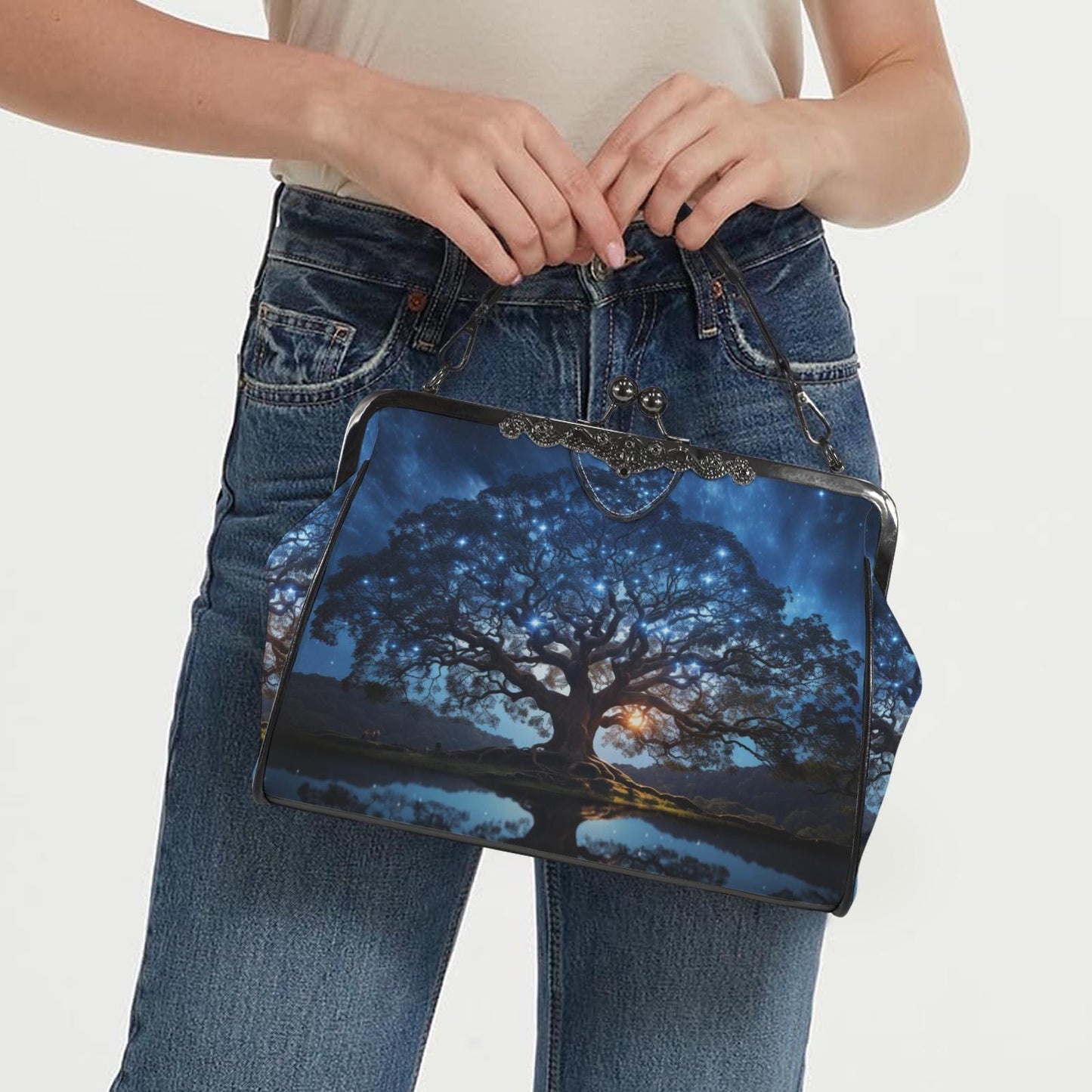 Bold Tree at Night Kisslock Crossbody Shoulder Bag - Blue Black Dark Academia Handbag