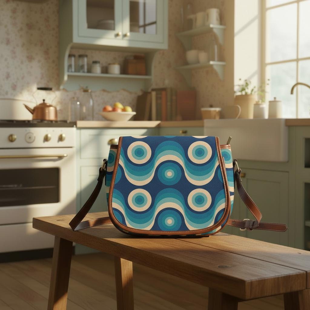 Retro 70s Wave Pattern Saddle Bag - Midcentury Style Crossbody Handbag