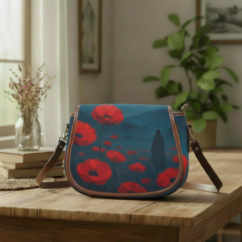 Poppy Field at Night Dark Academia Saddle Bag - Moody Gothic Crossbody Handbag