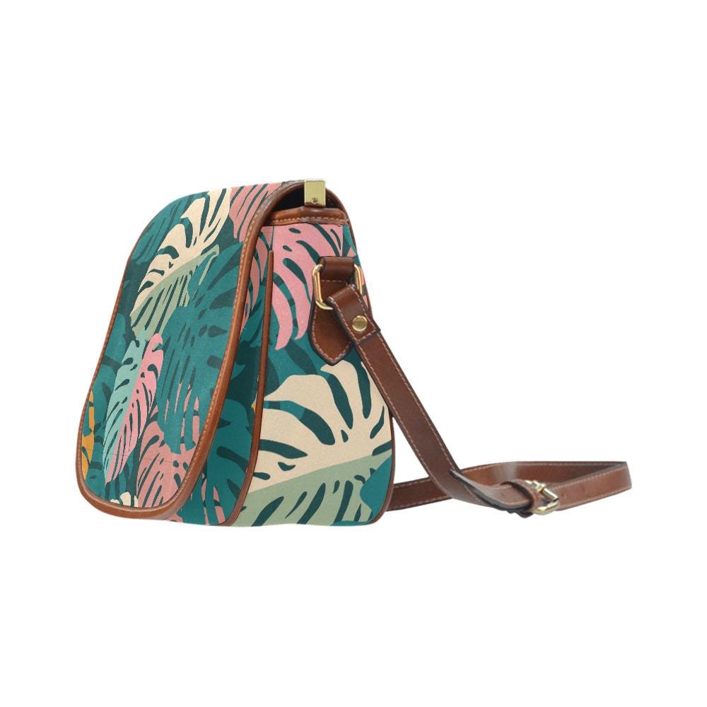 Retro 60s Monstera Pattern Saddle Bag - Midcentury Botanical Crossbody Handbag