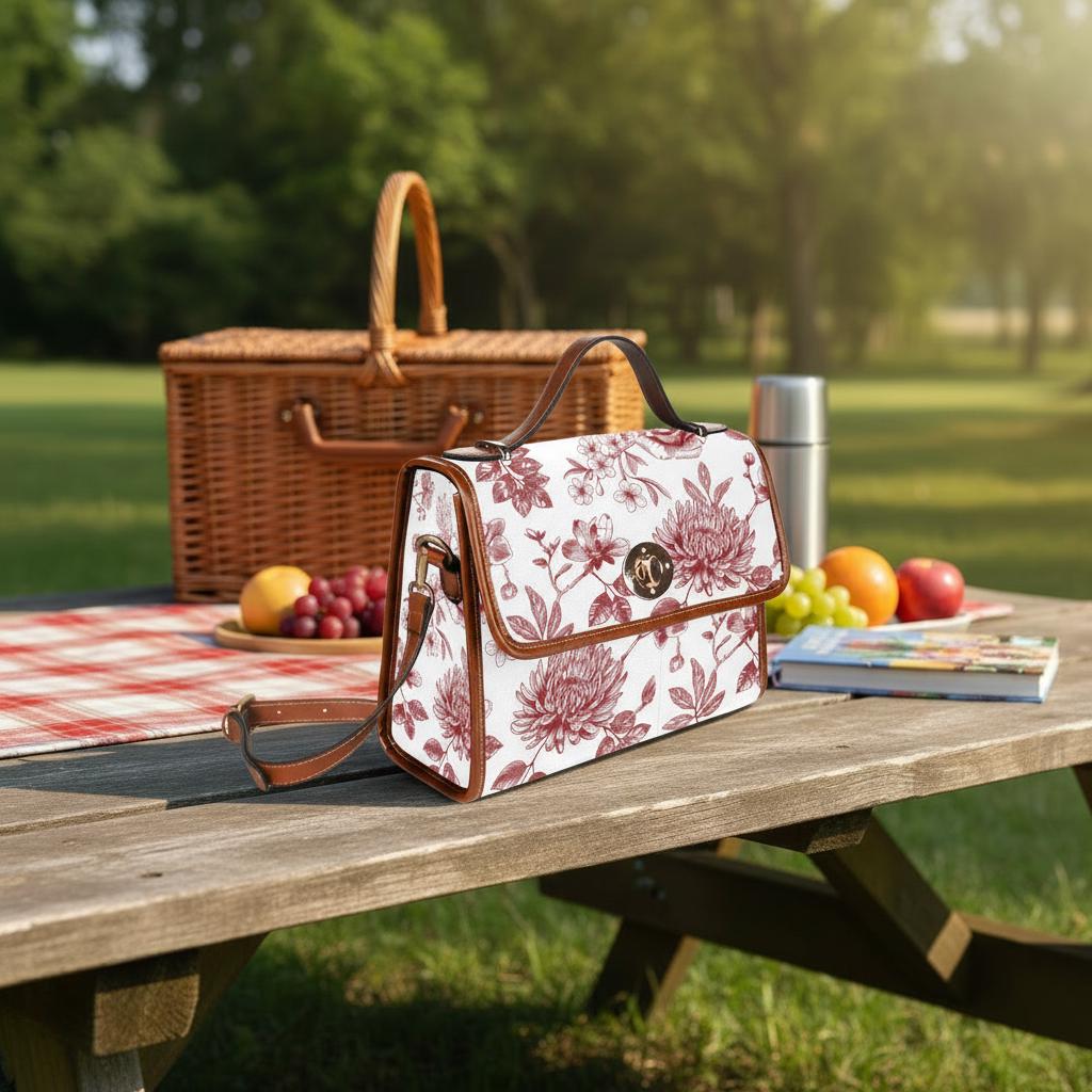Toile de Jouy Canvas Crossbody Handbag – Vintage White Red Floral Top Handle Bag