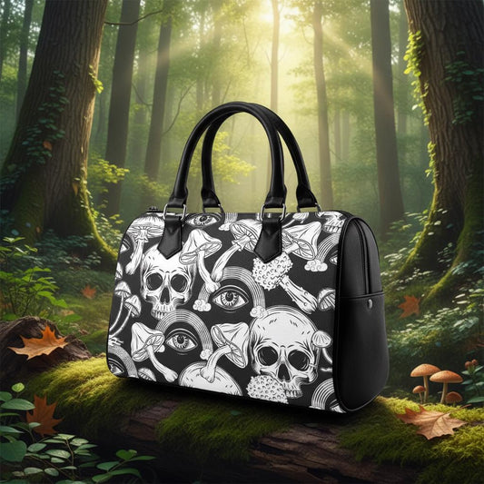 Whimsy Black White Skulls Barrel Handbag – Gothic Alternative Everyday Purse