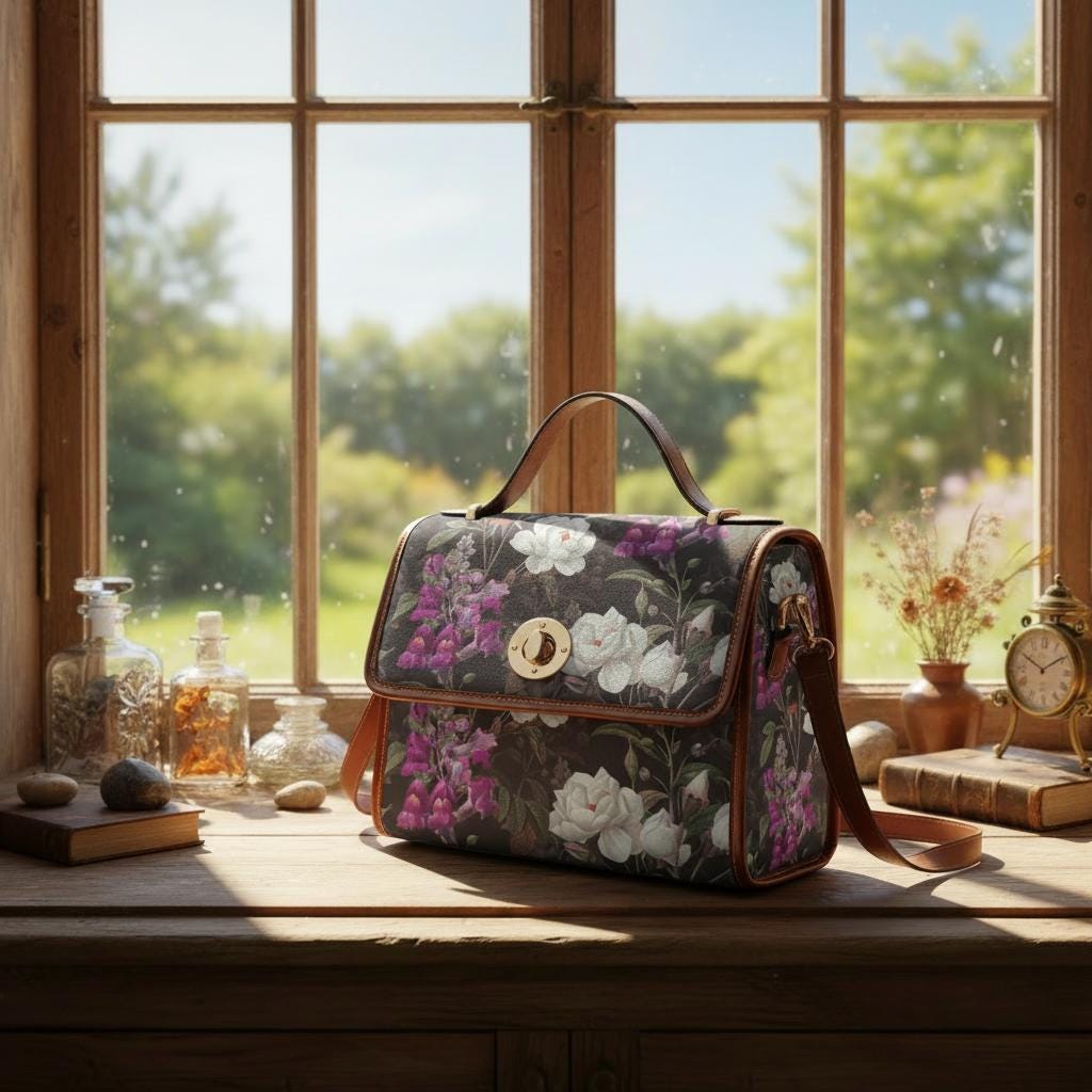 Dark Academia Wildflowers Canvas Crossbody Bag – Black Purple Botanical Vintage Bag