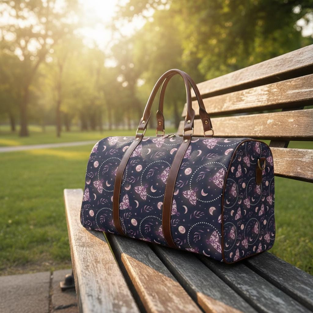 Dark Academia Moths & Moon Travel Bag – Waterproof Black Weekender Duffle