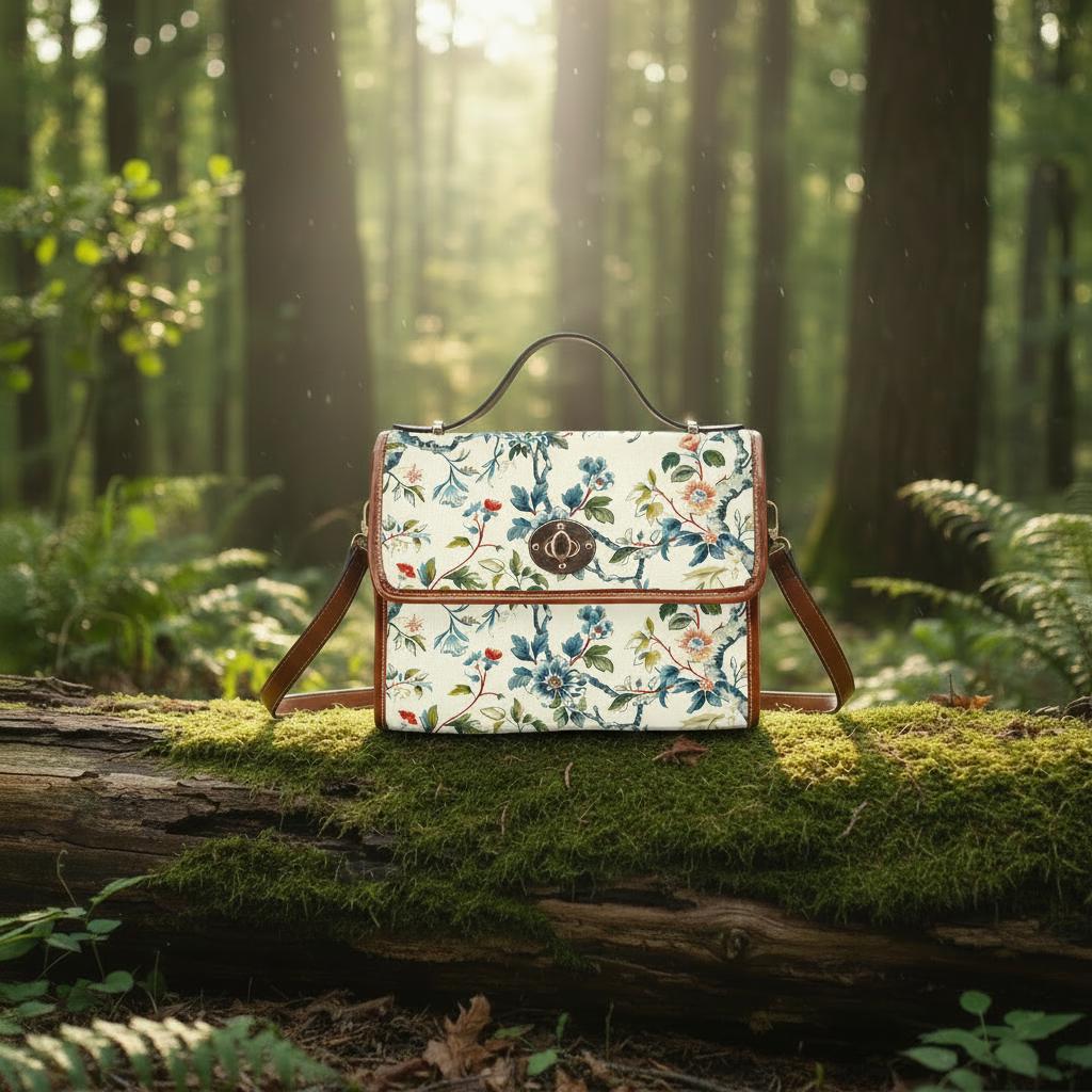 Toile de Jouy Canvas Crossbody Bag – Vintage Eggshell Green Floral Handbag