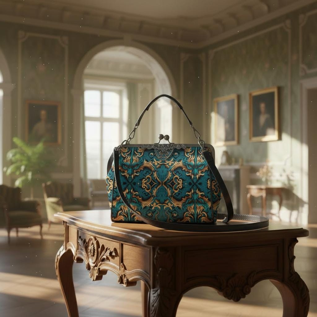 Petrol Gold Vintage Dragon Kisslock Crossbody Handbag