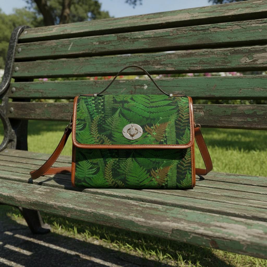 Green Fern Forest Canvas Crossbody Bag – Botanical Dark Academia Handbag